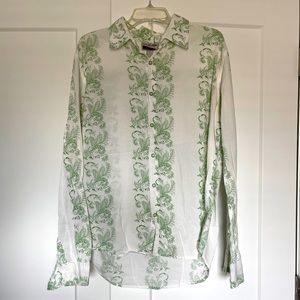 Men’s Rare Vintage Green and White Paisley Long Sleeve Shirt